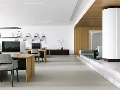 Modern Public Office Area With Wooden Desks Computers And Ergonomic Chairs 3d model