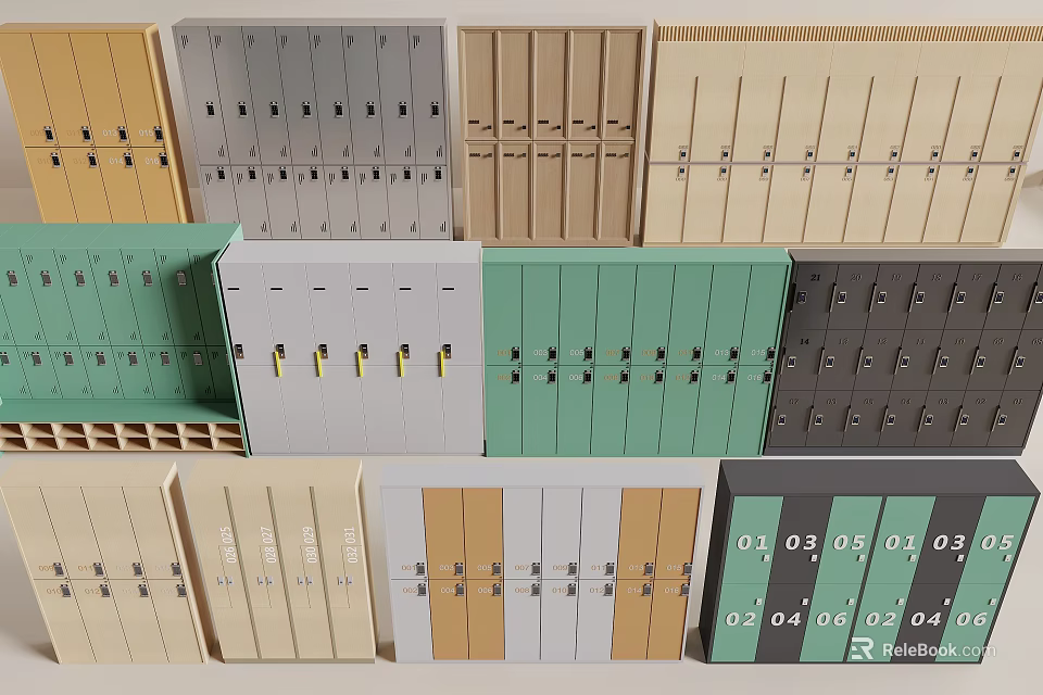 Various Colored Modern Lockers With Different Designs And Storage Compartments For Organizing 3d model 