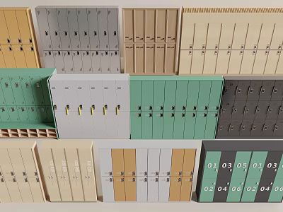 Various Colored Modern Lockers With Different Designs And Storage Compartments For Organizing 3d model