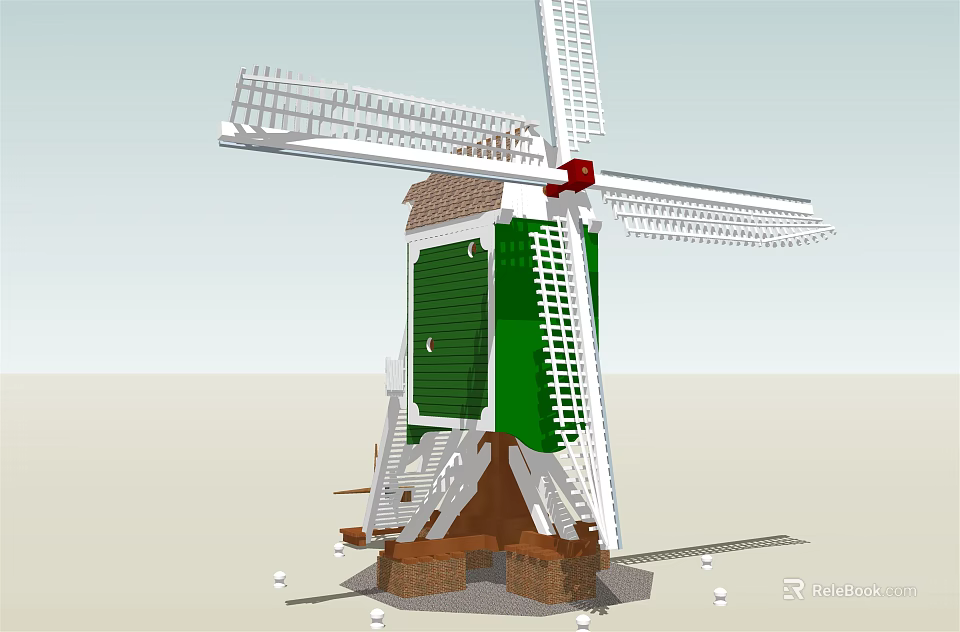 Windmill Architectural Components Including White Blades Green Tower Panels And Wooden Stairs 3d model 