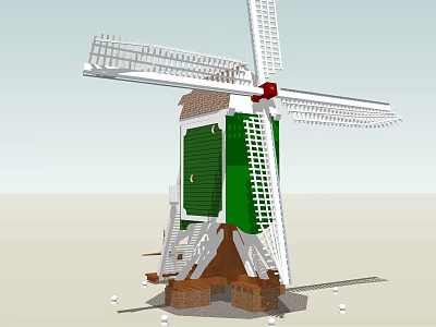 Windmill Architectural Components Including White Blades Green Tower Panels And Wooden Stairs 3d model
