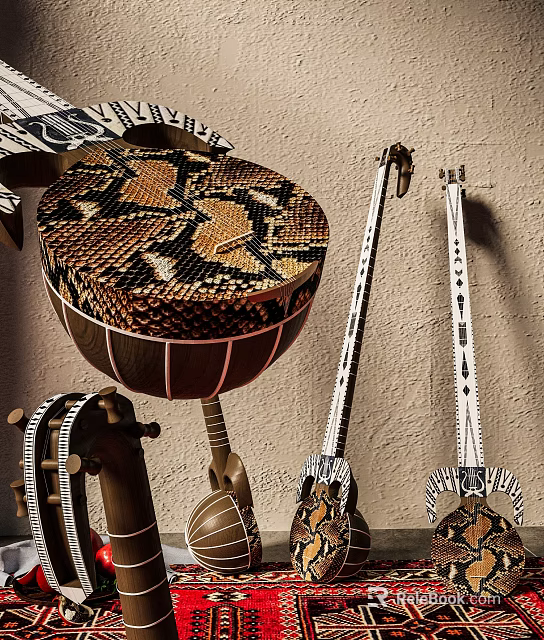 Exquisite Stool With Snake Skin Pattern Among Home Decor Items 3d model 