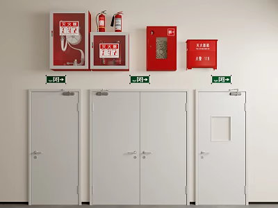 Fire Safety Equipment And Emergency Doors With Green Signs On White Wall 3d model
