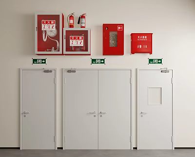 Fire Safety Equipment And Emergency Doors With Green Signs On White Wall 3d model