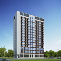 Modern Multi Storey Industrial Factory Building With Large Glass Windows And Green Trees
