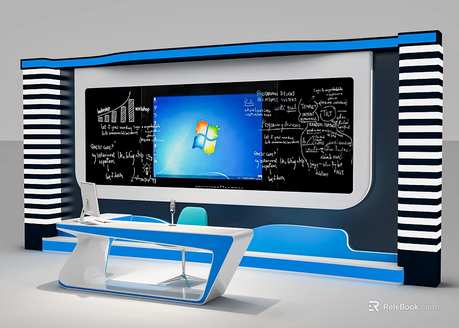 Blue And White Modern Functional Desk With Computer Monitor Blackboard And Mathematical Formulas 3d model 