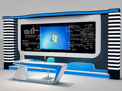 Blue And White Modern Functional Desk With Computer Monitor Blackboard And Mathematical Formulas 3d model