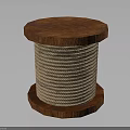 Wooden Stone Cylindrical Reel Featuring Coiled Rope And Circular Bases