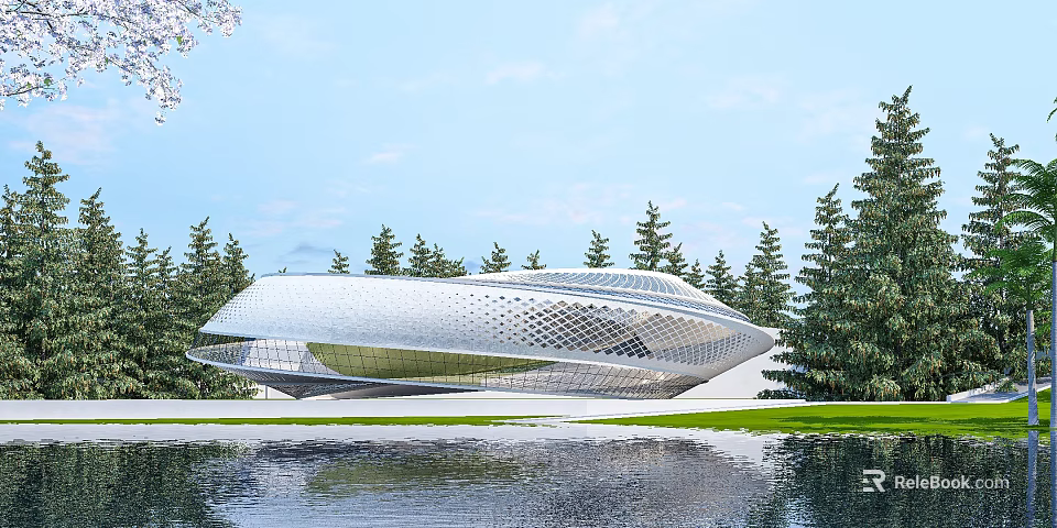 Unique Modern Architectural Building With Mesh Exterior Lakeside Trees And Water Reflection 3d model 