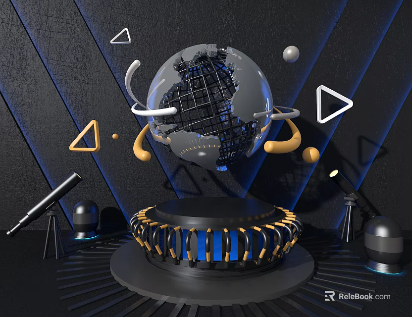 Abstract 3D Globe with Geometric Shapes Spherical Objects and Blue Lighting on Black Stand 3d model 
