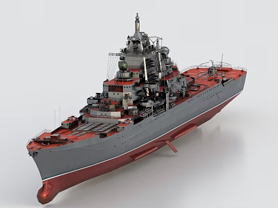 Detailed Gray And Red Warship Model Featuring Turrets And Upper Decks Design 3d model