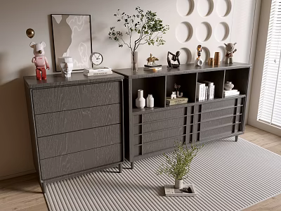 Grey Entryway Cabinet And Side Cabinet With Drawers Shelves Decorations Green Plant And Wall Decor 3d model