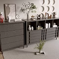 Grey Entryway Cabinet And Side Cabinet With Drawers Shelves Decorations Green Plant And Wall Decor