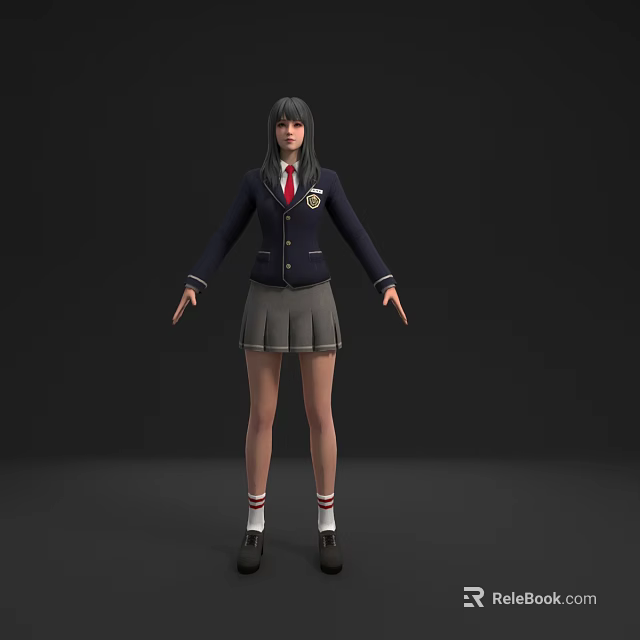 Woman in School Uniform with Long Black Hair Dark Blue Blazer Gray Pleated Skirt 3d model 