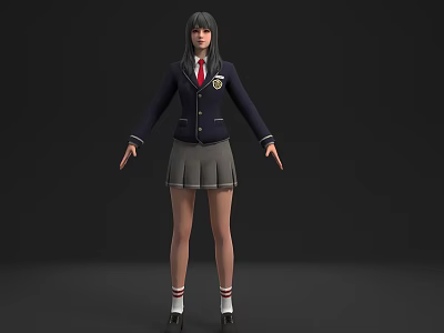 Woman in School Uniform with Long Black Hair Dark Blue Blazer Gray Pleated Skirt 3d model
