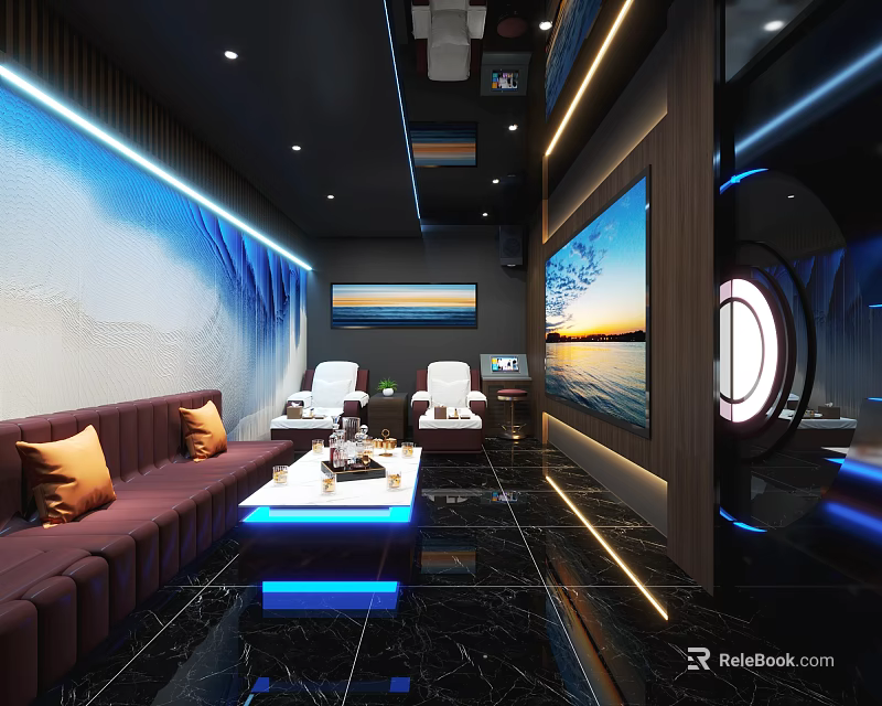 Modern KTV Lounge Interior With Brown Sofas White Seats Large Screen TV And Blue Lighting 3d model 