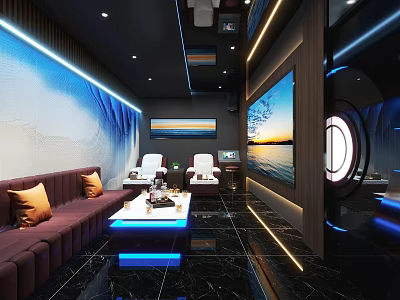 Modern KTV Lounge Interior With Brown Sofas White Seats Large Screen TV And Blue Lighting 3d model
