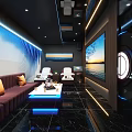 Modern KTV Lounge Interior With Brown Sofas White Seats Large Screen TV And Blue Lighting