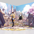 Anime Themed Photo Check in Spot With Castle Cherry Blossom Trees Snowy Mountains