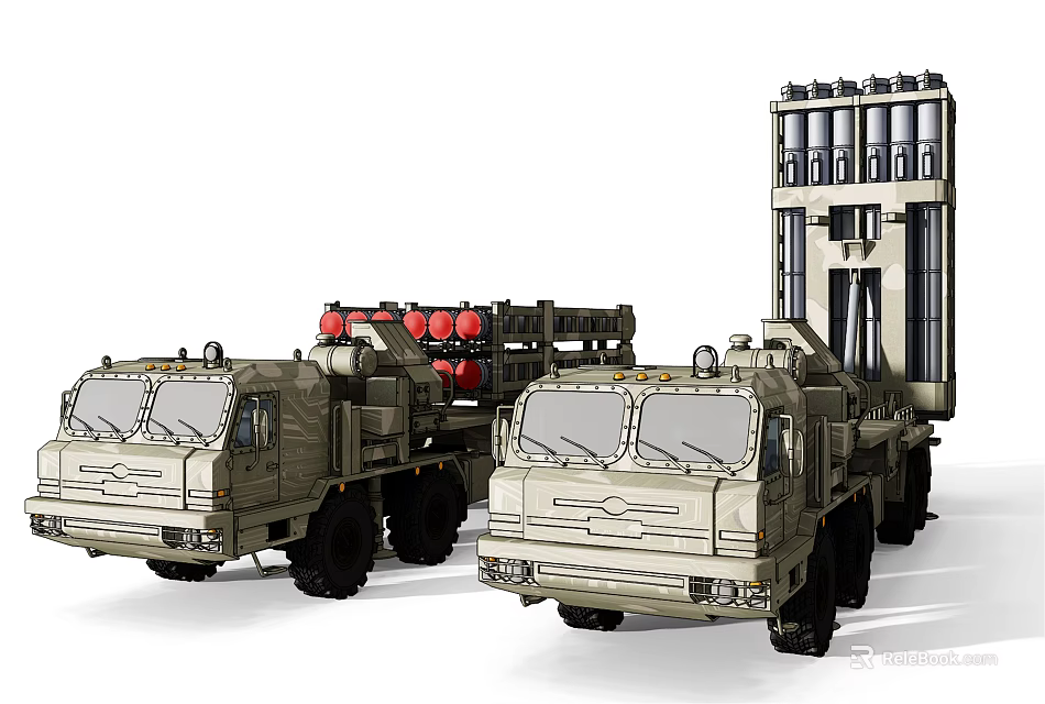 Military Functional Vehicles With Multiple Launcher Tubes And Red Equipment Modules 3d model