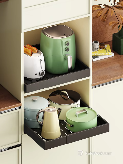 Organized Kitchen Storage Cabinet Rack With Toaster Air Fryer Pots And Kettle 3d model 