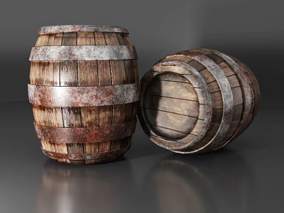 Vintage Rustic Wooden Barrels With Metal Hoops Standing And Leaning 3d model