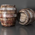 Vintage Rustic Wooden Barrels With Metal Hoops Standing And Leaning