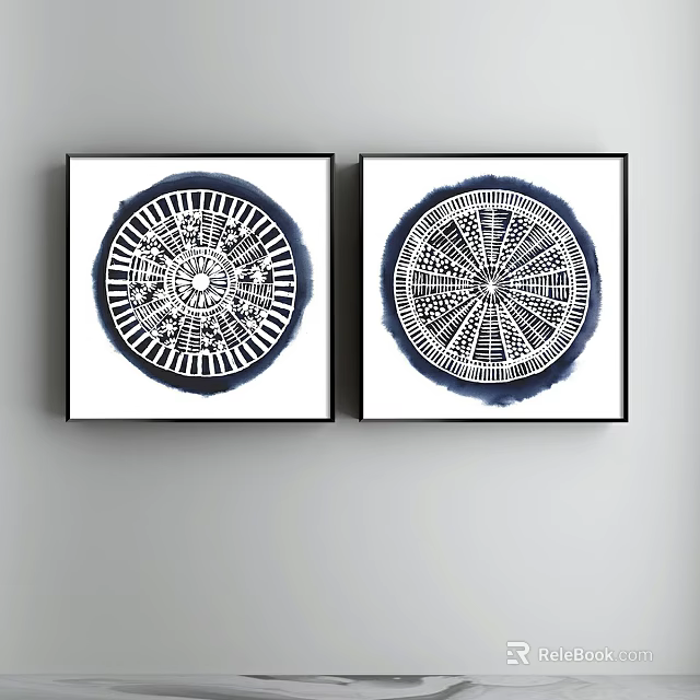 Two Abstract Paintings Wall Decor With Circular Design Black Frames Blue Background 3d model