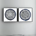 Two Abstract Paintings Wall Decor With Circular Design Black Frames Blue Background 3d model