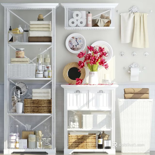 White Bathroom Cabinet With Decorative Mirror Red Flowers Towels And Storage Baskets 3d model 