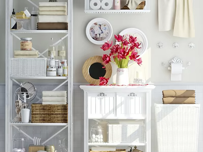 White Bathroom Cabinet With Decorative Mirror Red Flowers Towels And Storage Baskets 3d model
