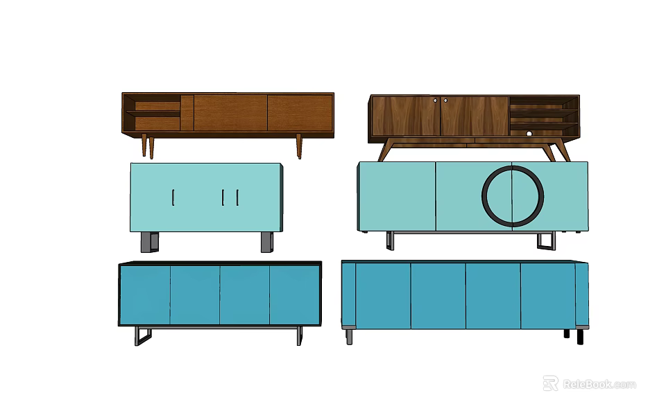 Various Modern TV Stand Designs With Wooden And Blue Colors Drawers Cabinets And Circular Details 3d model 