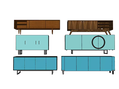 Various Modern TV Stand Designs With Wooden And Blue Colors Drawers Cabinets And Circular Details 3d model