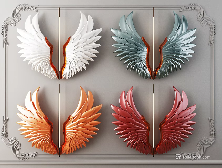 Colorful Wing Shaped Wall Decor Set With Ornate Border Design 3d model 