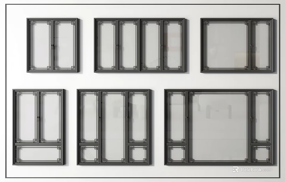 Modern Casement Windows With Black Frames Various Styles And Clear Glass Design 3d model