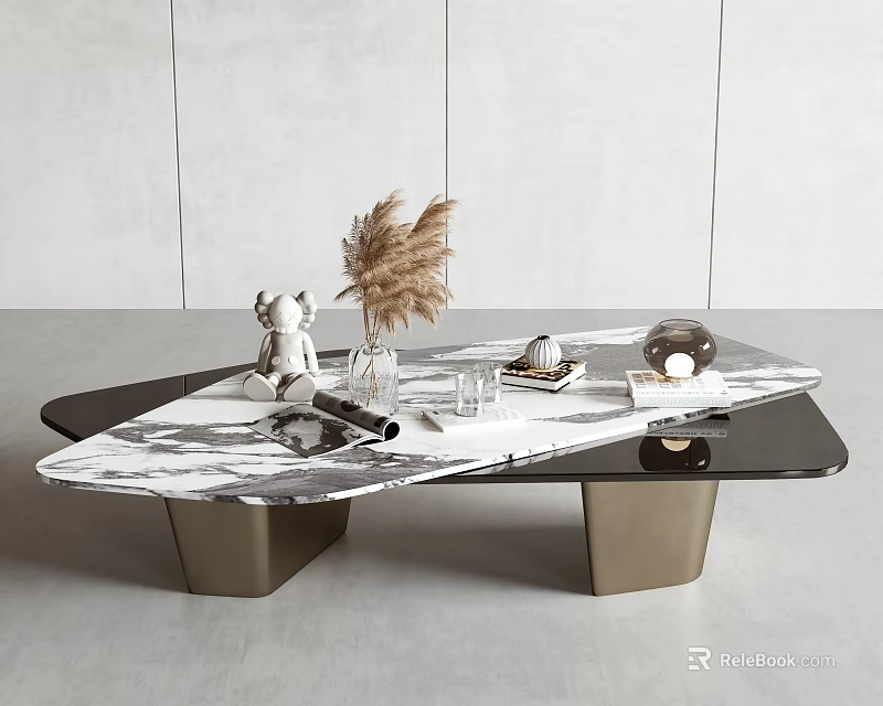 Modern Marble Top Coffee Table With Metal Base And Decorative Elements 3d model