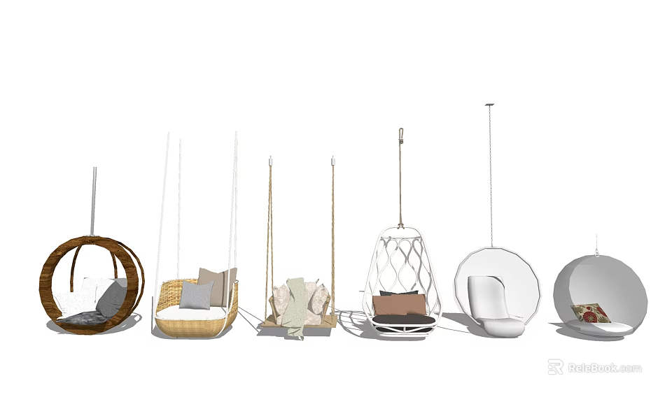 Various Modern Hanging Chairs With Woven Designs Round Shapes And Cushions 3d model 