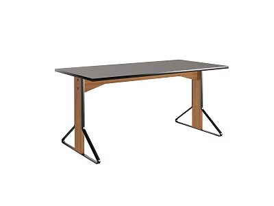 Modern Office Desk With Sleek Black Top And Wooden Metal Leg Structure 3d model