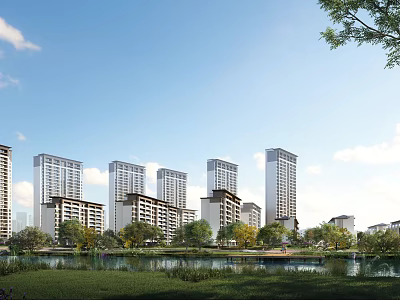 High Rise Residential Buildings In Scenic Area With Lake And Greenery 3d model