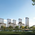 High Rise Residential Buildings In Scenic Area With Lake And Greenery