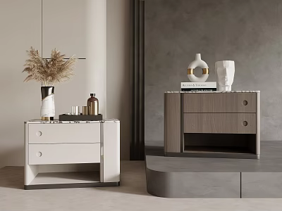 Modern Two Nightstands With Marble Top Wooden Drawers And Decorative Vase Books 3d model