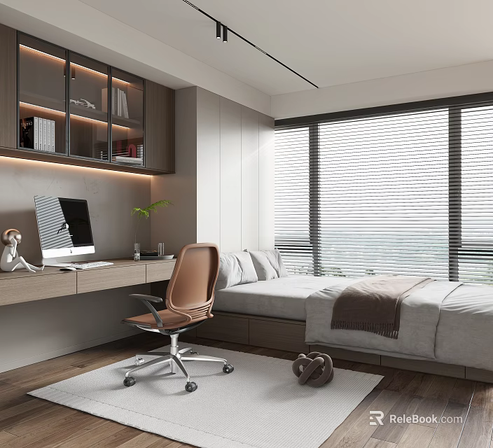 Modern Tatami Bedroom Interior With Desk Chair Bookshelf And Window Blinds 3d model 
