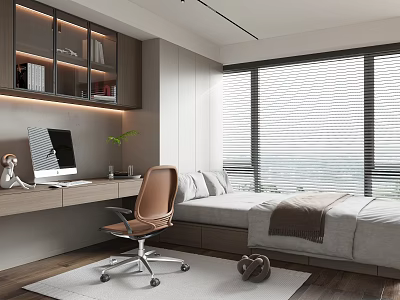 Modern Tatami Bedroom Interior With Desk Chair Bookshelf And Window Blinds 3d model