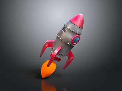 Game Movie Character Rocket With Silver Body Red Nose Tail Fins Blue Window Orange Thruster 3d model