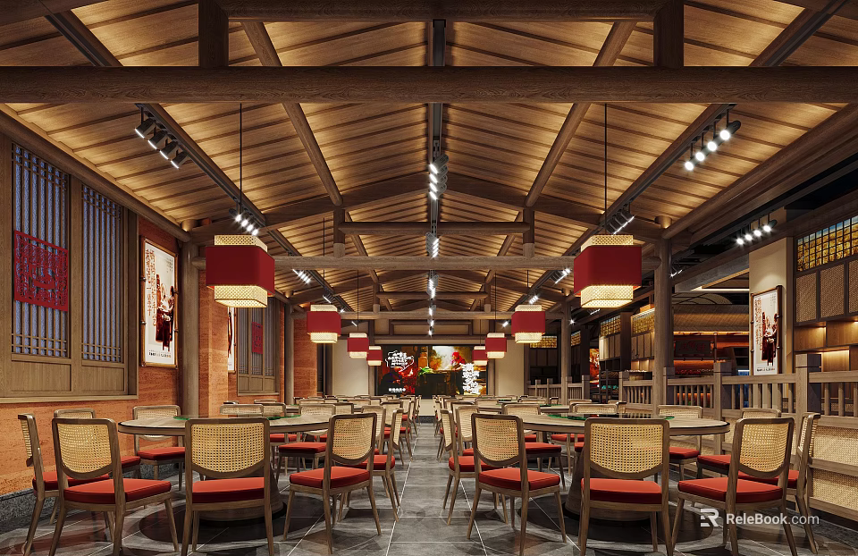 Traditional Chinese Restaurant With Wooden Ceiling Red Lanterns And Dining Chairs 3d model 