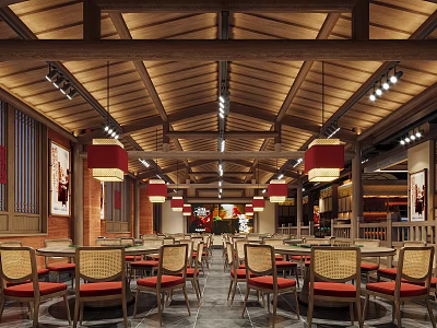 Traditional Chinese Restaurant With Wooden Ceiling Red Lanterns And Dining Chairs 3d model