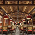 Traditional Chinese Restaurant With Wooden Ceiling Red Lanterns And Dining Chairs
