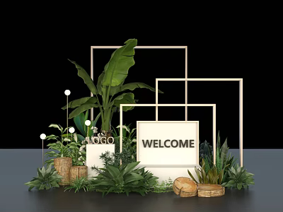 Charming Photo Check In Spot With Welcome Sign Wooden Frames Greenery And Lanterns 3d model