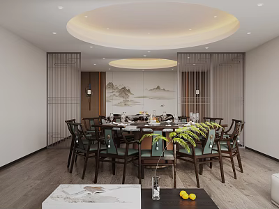 Chinese Restaurant Room Hotel Restaurant Round Table Restaurant New Chinese Restaurant Dining Table Side Cabinet Round Ceiling Restaurant Background Wall Hot Pot Table 3d model