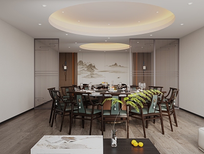 Chinese Restaurant Room Hotel Restaurant Round Table Restaurant New Chinese Restaurant Dining Table Side Cabinet Round Ceiling Restaurant Background Wall Hot Pot Table 3d model